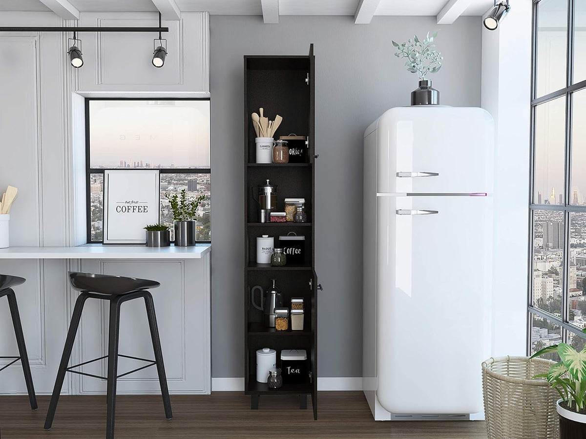 Pantry, Four Legs, Three Interior Shelves, Two Shelves, Two Cabinets -Black