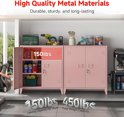 Locking Storage Cabinet Garage Metal Storage Cabinet with 2 Adjustable Shelves and Doors, Storage Cabinet with Lock & Keys for Home School Office (Pink)