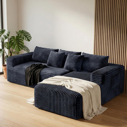 Couch ≈105" L-Shaped Sofa, Modular Sofa in Living Room Comfy Corduroy Fluffy Couch with Deep Seat and Side Pockets, Flexible Module Combination for Living Room (Black, 105IN)