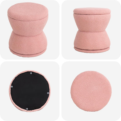 DHMAKER Round Storage Ottoman, Swivel Teddy Vanity Stool Chiar,Modern Sherpa Footstool, Makeup Chair Upholstered Footrest for Living Room, Bedroom, Entryway,Pink