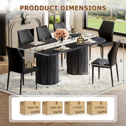 79" Black Dining Table Set for 10,Large Dining Room Table Set for 10 with Fluted Double Pedestal Base & Cushioned Chairs,Modern Luxe Rectangular Wood Kitchen Table Set for Family Gatherings