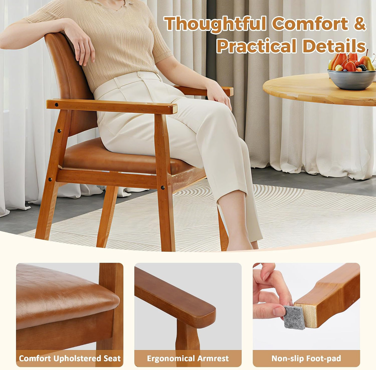 NOBPEINT Mid-Century Modern Dining Chairs with Armrest Set of 1, PU Leather Upholstered Dining Room Chairs with Solid Wood Frame, Walnut Kitchen Armchairs for Kitchen Living Room Restaurant, Brown