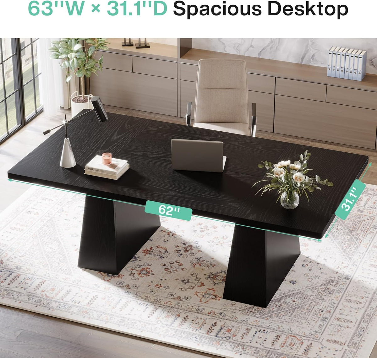 Tribesigns 63-Inch Executive Desk, Large Office Computer Desk with Double Pedestal, Modern Workstations Writing Table Conference Table Business Furniture for Home Office, Black