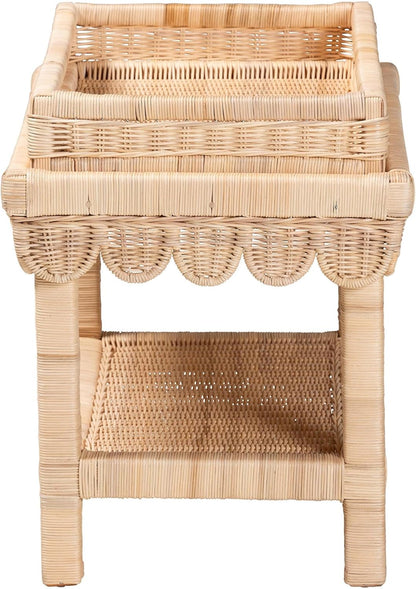 Bali & pari Weyman Scalloped Rattan End Table with Removable Tray Top - Handwoven Rattan Accent Table with Shelf, Coastal Boho Style Side Table for Living Room or Bedroom