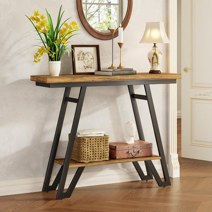 Console Table for Entryway, Space Saving Small Entryway Table with Open Shelves, Narrow Sofa Table Behind Couch for Living Room, Hallway, Easy Assembly, Wooden Top, Rustic Brown