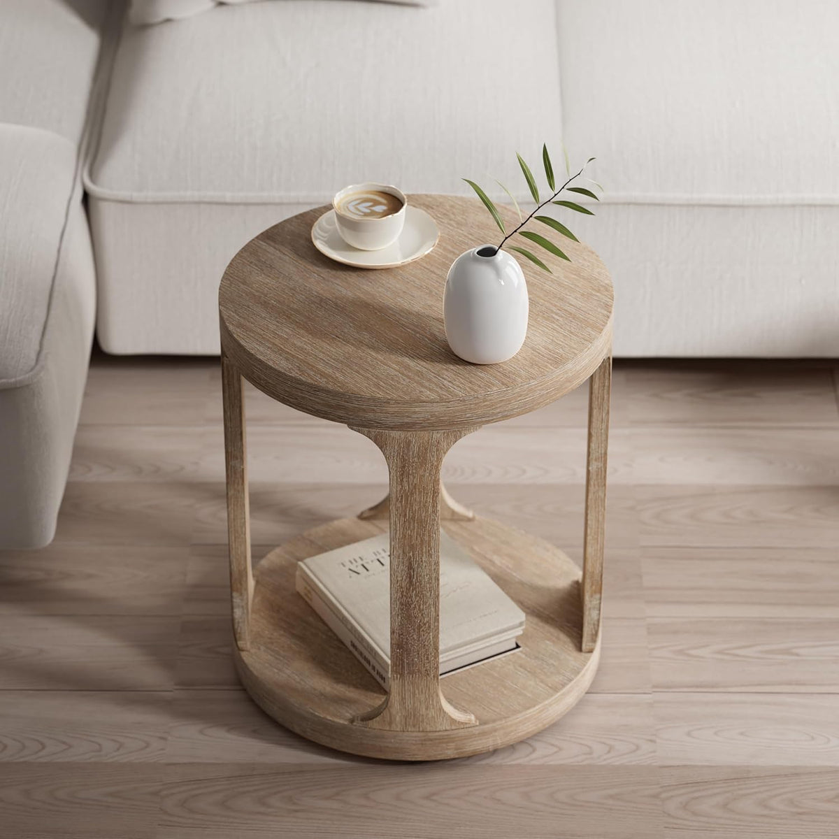 COZAYH Farmhouse Small End Table Wood Round Side Table for Small Space Rustic Pedestal Table for Living Room, Office, Couch, Distressed Wood Grey Finish
