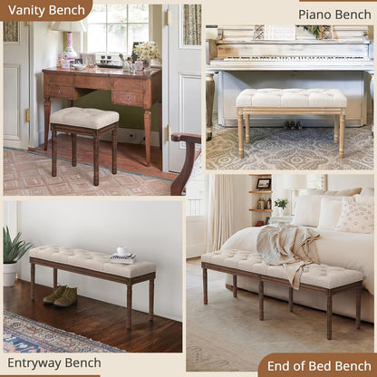 LUE BONA 44" Bedroom Bench, Fabric End of Bed Bench, Upholstered French Tufted Ottoman Bench with Carved Dark Brown Wood Legs for Bedroom End of Bed, Living Room, Linen