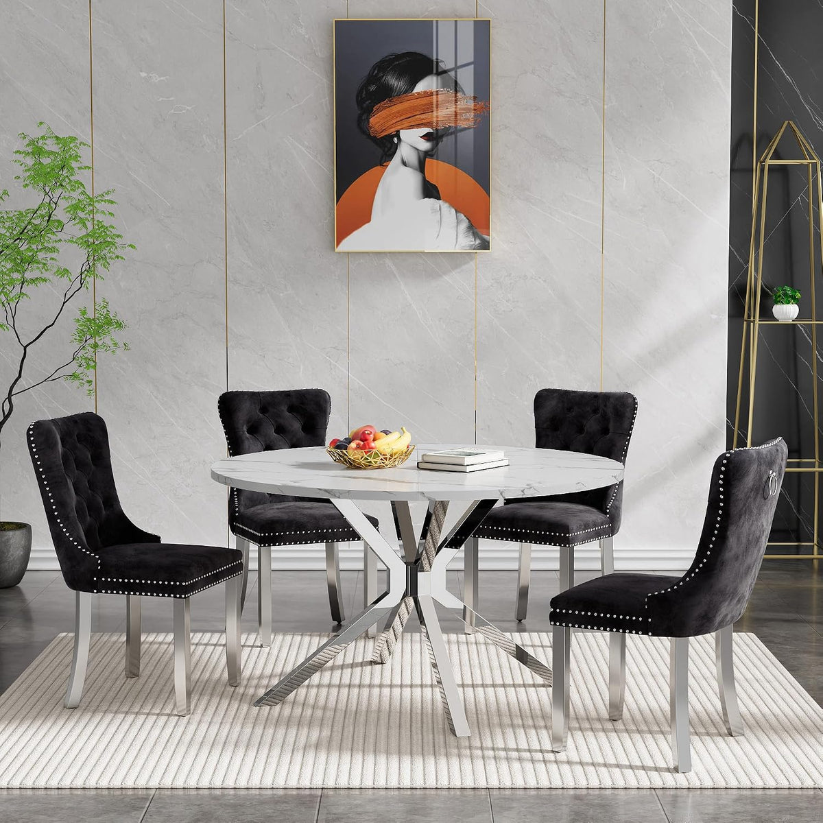 Round Faux Marble Dining Table for 4-6 Modern 47.2" Kitchen Table with Silver Stainless Steel Cross Legs Circle Dinner Table for Dining Room Living Room Apartment