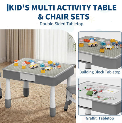 4-in-1 Kids Activity Table & Chair Set,Double-Sided Reversible Tabletop with Building Block Base & Graffiti Drawing Board,2 Adjustable Toddler Chairs,Multi-Purpose Activity Desk for Reading,Drawing