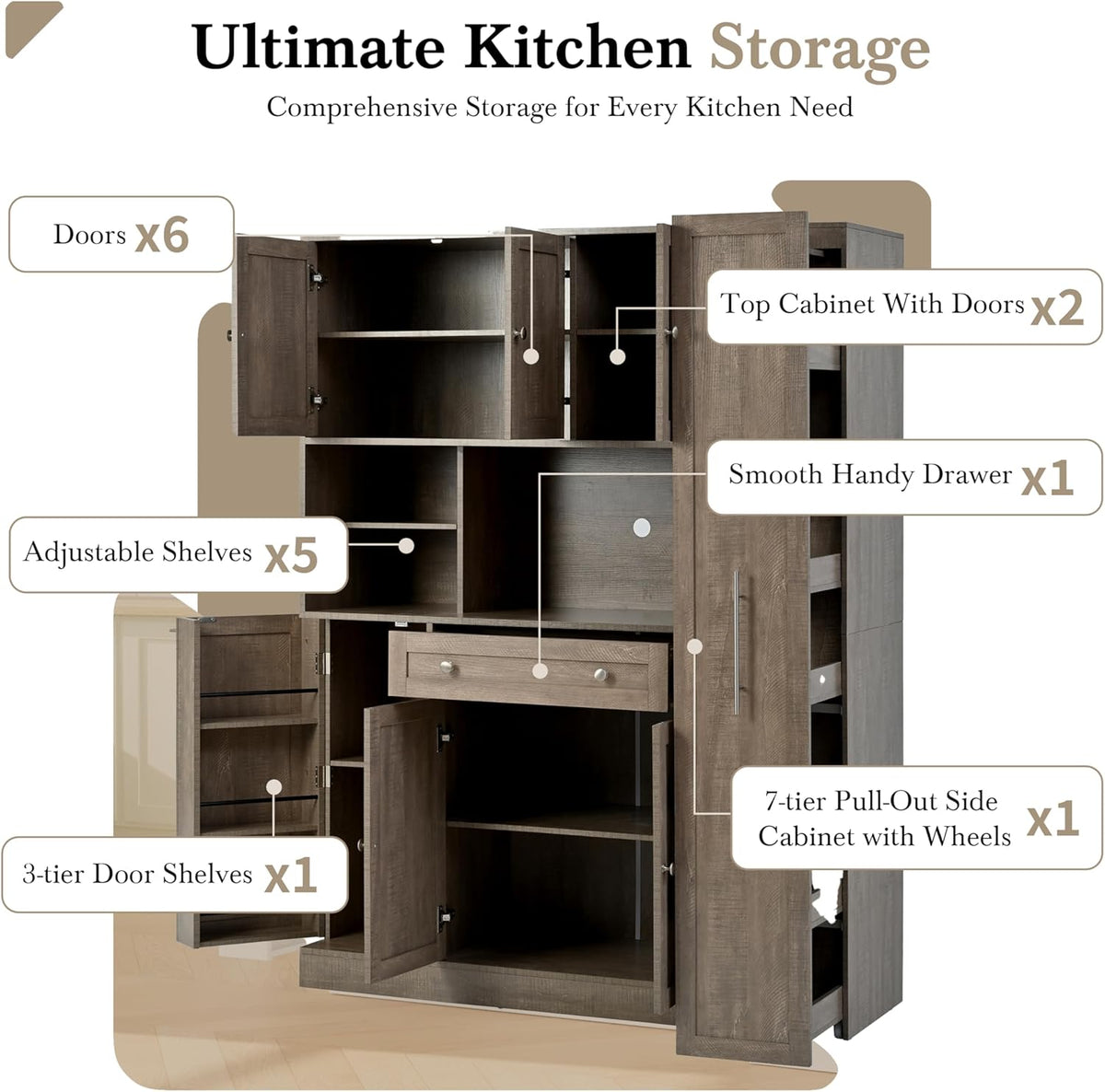 Kitchen Pantry Cabinet, Buffet with Pull-Out Side Cabinet | 7-tier pull-out side cabinet with wheels, easy access for spices, oils, baking supplies, and daily kitchen essentials