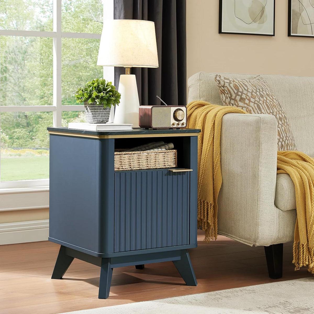 QUW Fluted Nightstands Set of 2 with Charging Station, 18" Modern Side Table, Wooden Bedside Table with Faux Marble Top, Open Storage, Cabinet, End Table for Bedroom, Living Room, Navy Blue