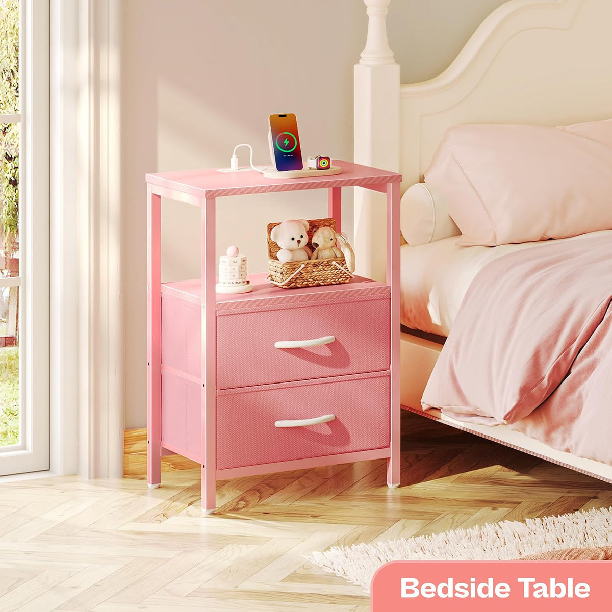 Huuger Nightstand with Charging Station, Side Table with Fabric Drawers, End Table with Open Shelf, Bedside Table with USB Ports and Outlets, Night Stand for Bedroom, Pink