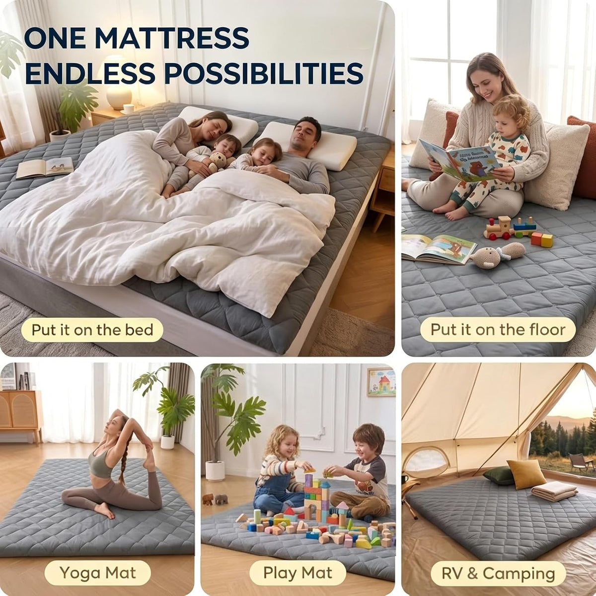 DOWNSTORIA Japanese Floor Mattress, Futon Mattress Roll Up Tatami Mat with Handle, Foldable Floor Bed Sleeping Pad for Camping, Full Size, Grey(54x75)