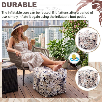 Juexica 2 Pack Inflatable Outdoor Ottoman Pouf Waterproof Cube 16" Square Blow up Ottoman Footrest with Handle Outdoor Portable Footstool for Patio Garden Camping or Home Pool(Flower,Gold)