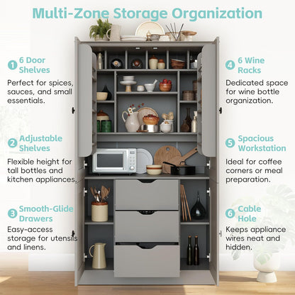 Freestanding Kitchen Pantry,Tall Storage Workstation with 4 Doors, 6 Door Shelves, Removable Shelves and 6 Wine Racks for Dining Room (Grey-FK)