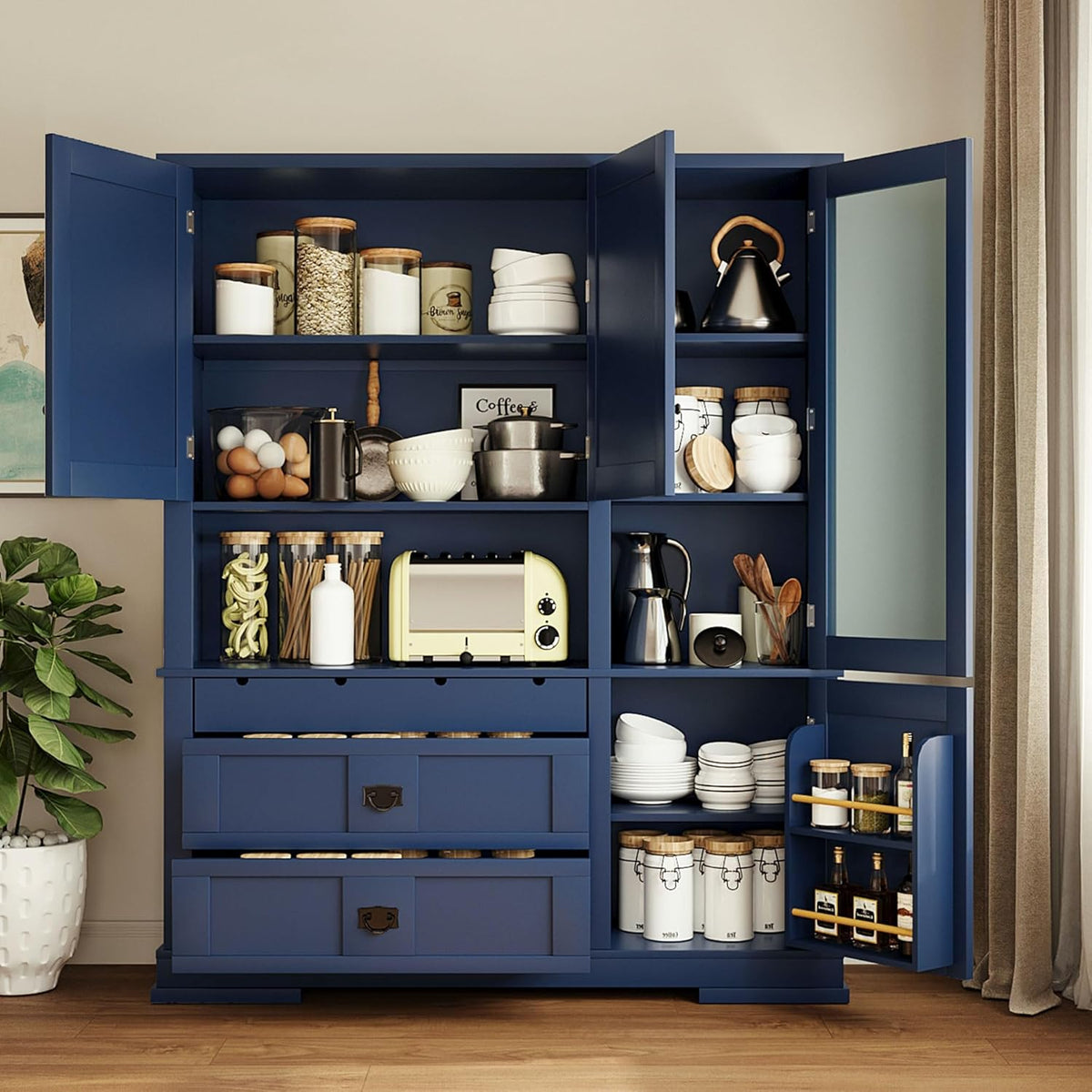 Large Pantry Storage Cabinet with Adjustable Shelves and Drawers, Freestanding Buffet Cabinet Cupboard with Hutch and Door Shelf for Dining Room, Kitchen (Blue)