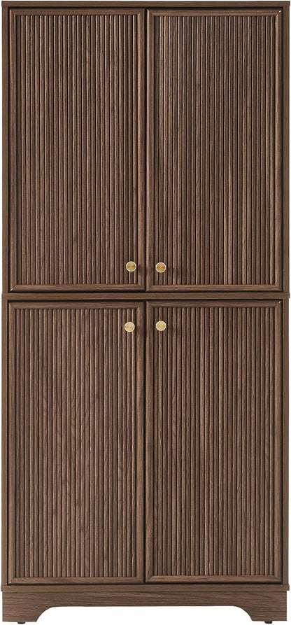 Crosley Furniture Naomi Modern Reeded Kitchen Pantry Storage Cabinet, Dining, Laundry Room, Bathroom, Walnut