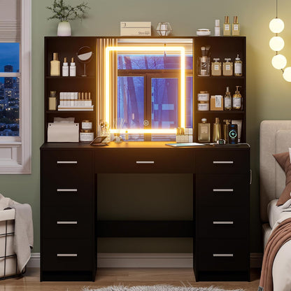 Black Vanity Desk with Mirror and Lights,Makeup Vanity with 9 Drawers, 6 Shelves & Power Outlet,Touch Screen Mirror Dressing Vanity Table, 3 Color Adjustable, Girls Vanity, Bedroom