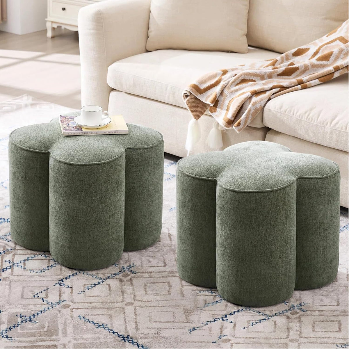 Zesthouse Flower Pouf Ottomans Foot Rest Set of 2, Linen Poofy Ottomans | Large Ottoman Footstool for Couch, Modern Living Room Stool Seat, Cute Square Vanity Stool for Bedroom, Green Dorm Foot Stool