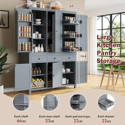Merax 74.8'' Tall Kitchen Pantry Storage Cabinet with 6 Doors, 3 Drawers and Adjustable Shelves, Freestanding Large Cupboard & Pull-Out Trays for Kitchen, Dining Room, Living Room, Gray