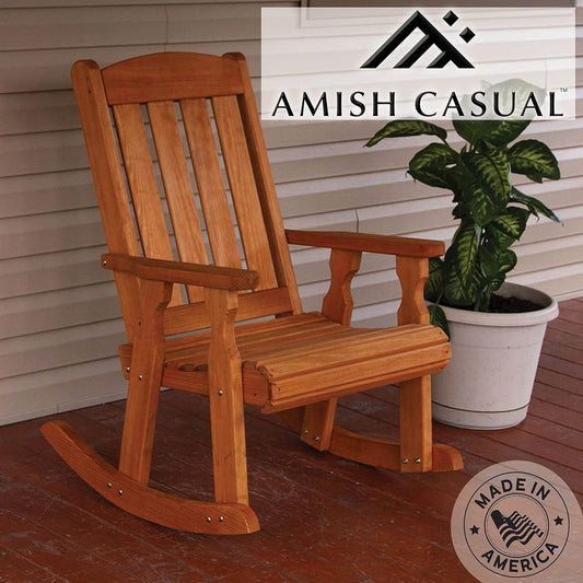 Amish Heavy Duty Mission Pressure Treated Outdoor Rocking Chair (Cedar Stain) - 600 Lb. Weight Capacity Porch Rocker