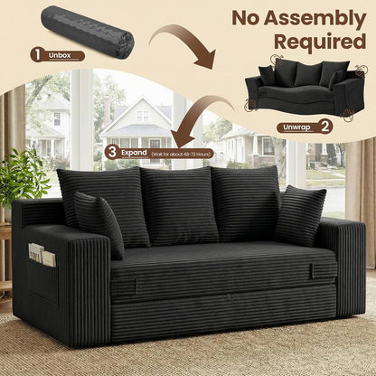 JUIKURY Couches 70 inch: 3-in-1 Convertible Sofa Bed Futon Couch Bed, Oversized Loveseat Sleeper Sofa with 5 Pillows, Black Small Couch for Living Room, Bedroom & Small Space