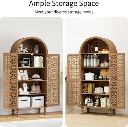 70" Tall Arched Storage Cabinet with 2 Hollow Carved Doors, Boho Kitchen Pantry with 5-Tier Storage Space, Modern Farmhouse Cupboard Bookcase for Living Room, Kitchen, Study, Walnut, 1 PCS