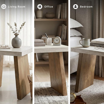 Signature Design by Ashley Brendalhouse Casual End Table with Faux Cement Top and Double Plinth Base, Solid Mango Wood, Melamine Laminate, Casually Cool Design, Light Brown & White