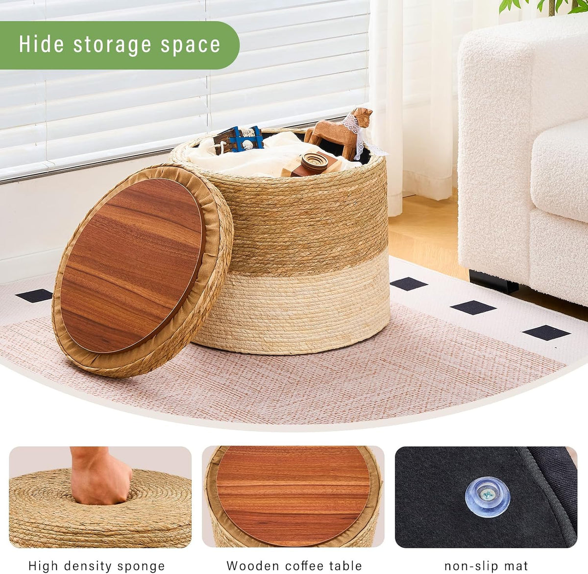 Wimarsbon Storage Pouf Ottoman, Hand Weaving Natural Straw Foot Stool, Bohemian Round Patio Ottomans, Rustic Lounge Pouffe, Outdoor Extra Seat for Garden