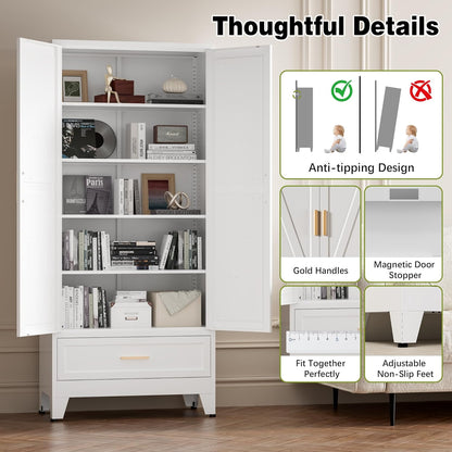 COFaR Metal Storage Cabinet, Farmhouse Storage Cabinet with 2 Doors and 4 Adjustable Shelves - 71" White Kitchen Pantry Storage 5-Tier Tall Steel Cabinets Locker for Kitchen, Living Room, Dining Room