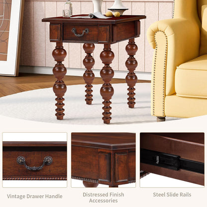 LKTART Wood End Table, Vintage Narrow Sofa Side Table with Storage Drawer, Bedside Table with Turned Wood Spindle Legs for Living Room Bedroom Small Space Home Office, No-Tools Assembly(Walnut)