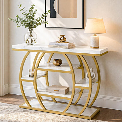Tribesigns Modern Console Table, 41.3" Narrow Entryway Table with Storage Shelves & Faux Marble Top, 5-Tier Sofa Tables Behind Couch with Arched Metal Frame for Living Room, Hallway (Gold & White)