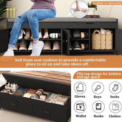 HOMEFORT 54.4" Shoe Bench with Lift Top Storage, Entryway Bench with Cushioned Seat, Wooden End of Bed Bench, Shoe Cabinet Bench with Hidden Storage Space, for Bedroom, Hallway,Black