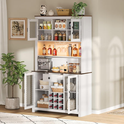 70.9" Kitchen Pantry Storage Cabinet Rustic Buffet Cabinet, Kitchen Hutch Cabinet with LED Outlets Food Pantry with Doors and Shelves Wine Rack for Dining Room, White