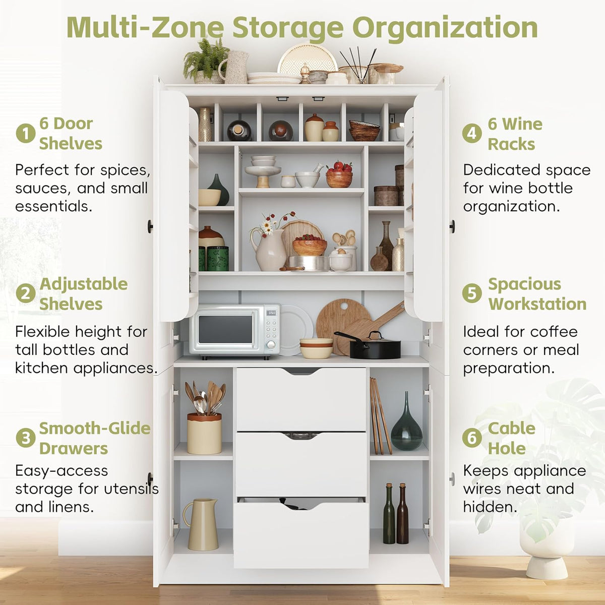 70.9" Tall Kitchen Pantry Cabinet with 4 Doors 3 Drawers 6 Wine Racks & Removable Shelves, Freestanding Storage Cabinets with Built-in Workstation for Kitchen Dining Room Living Room(White)