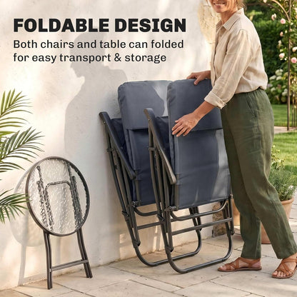 Outsunny 3 Piece Outdoor Patio Furniture Set with Glass Coffee Table & 2 Folding Padded Rocking Chairs, Bistro Style for Porch, Camping, Balcony, Navy Blue