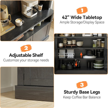Takywep Tall Coffee Hutch with LED Lights Tall CoffeeBar Cabinet Farmhouse Buffet Cabinet with Storage Kitchen Sideboard with Microwave Stand/Wine Rack/Glass Shelf