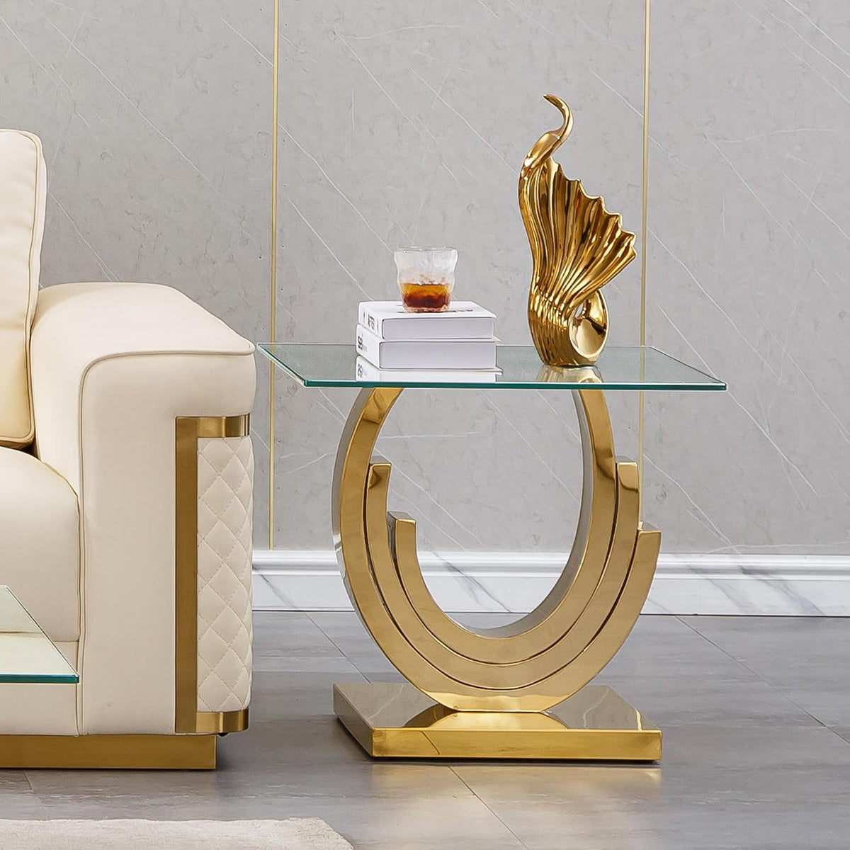 Gold Glass End Table, Modern 22.8" Square Sofa Side Table for Living Room, Tempered Glass End Bedside Table Nightstand with Ring-Shape Stainless Steel Base for Bedroom Home Office