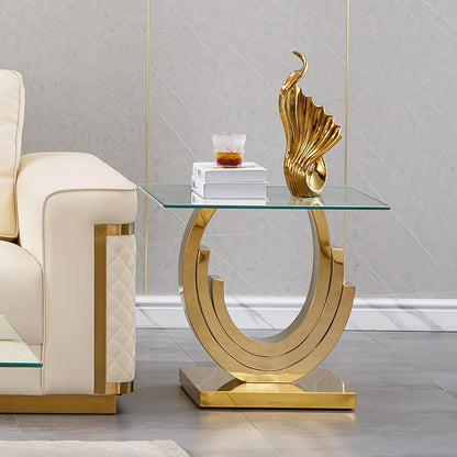 Gold Glass End Table, Modern 22.8" Square Sofa Side Table for Living Room, Tempered Glass End Bedside Table Nightstand with Ring-Shape Stainless Steel Base for Bedroom Home Office