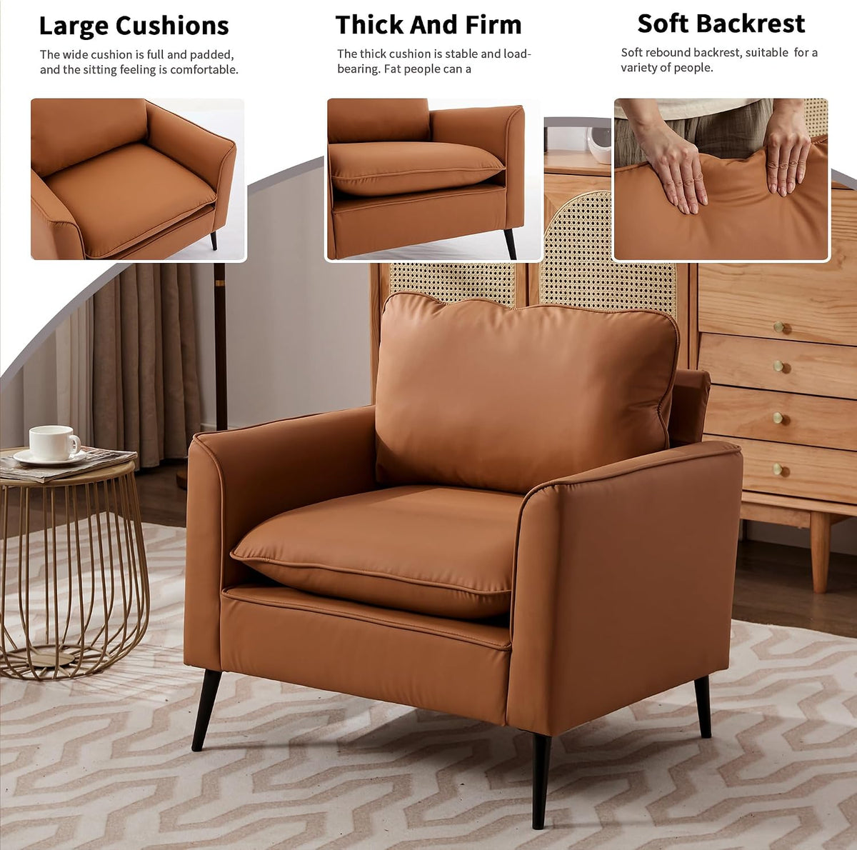 YISHENG Mid-Century Modern Living Room Accent Chairs Set of 2 - Oversized Faux Leather Armchairs with Removable Cushions & Metal Legs, Comfortable Sofas for Office/Lounge/Bedroom/Reception,（Brown）