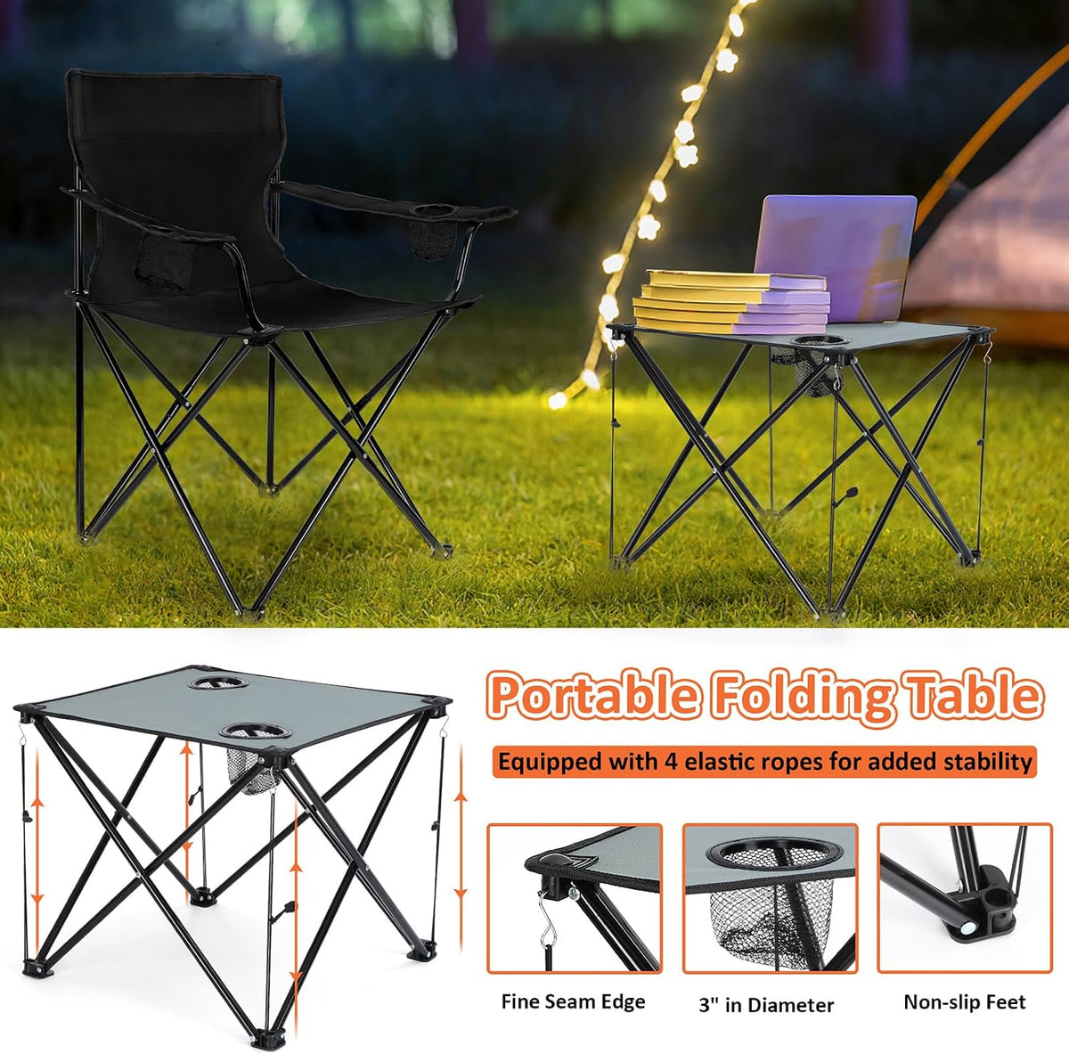 Leonyo 2 Pack Camping Chairs for Adults, Lawn Chairs with Table, Heavy Duty Folding Chairs for Outside Oversized & Comfy Sports Chair for Adults Fishing, Beach, Patio, Hiking, Lawn, Travel - Black