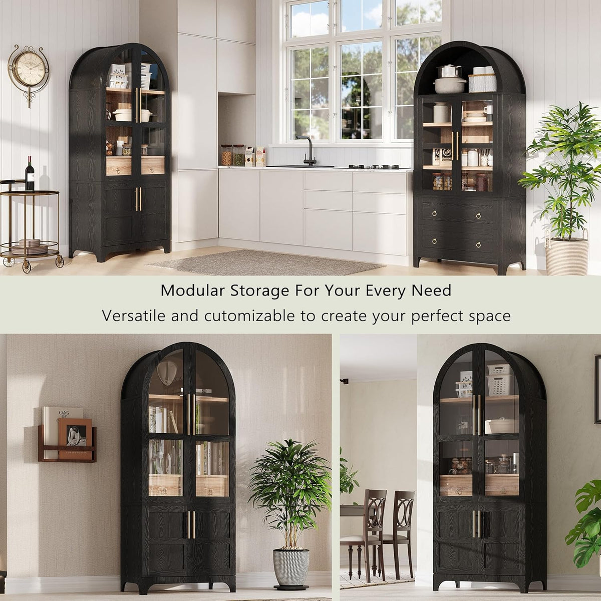 Kitchen 71" Arched Pantry Hidden Storage，Black-V | Adjustable Shelves Soft-Close Doors Anti-Tip Safety 4-Door Racks Durable MDF Multi-Room Use