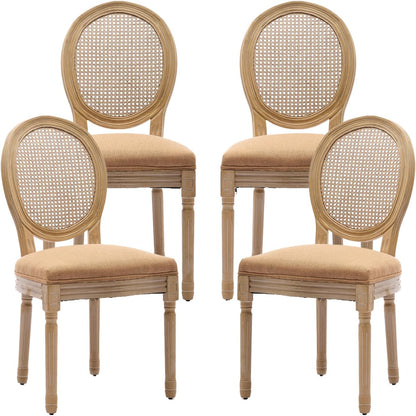 Vintage French Rattan Dining Chairs Set of 4, Round Back Accent Chairs with Rattan Backrest and Upholstered Linen Seat, Solid Wood Frame Sillas de Comedor for Dining Room & Kitchen, Camel