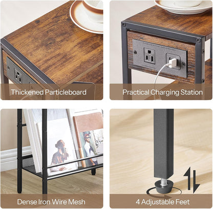 HOOBRO 15.7" Narrow Console Table with Charging Station, 3 Tier Entryway Table for Small Space, Behind Couch Table, Sofa Table, for Entryway, Hallway, Living Room, Rustic Brown and Black BF42UXG01