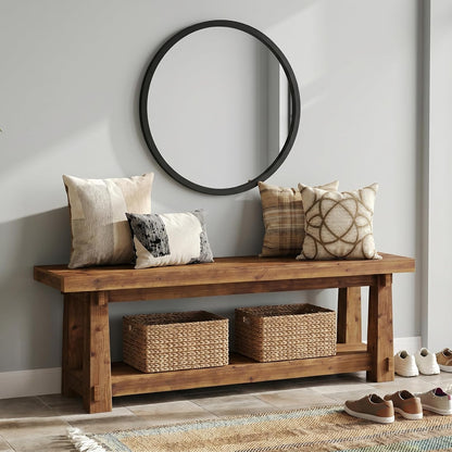 55" Solid Wood Entryway Bench with Shoe Storage, Rustic Wood Grain Shoe Rack Window Bench Seat for Foyer, Hallway, Mudroom, Bedroom, Easy Assembly (Rustic Wood)