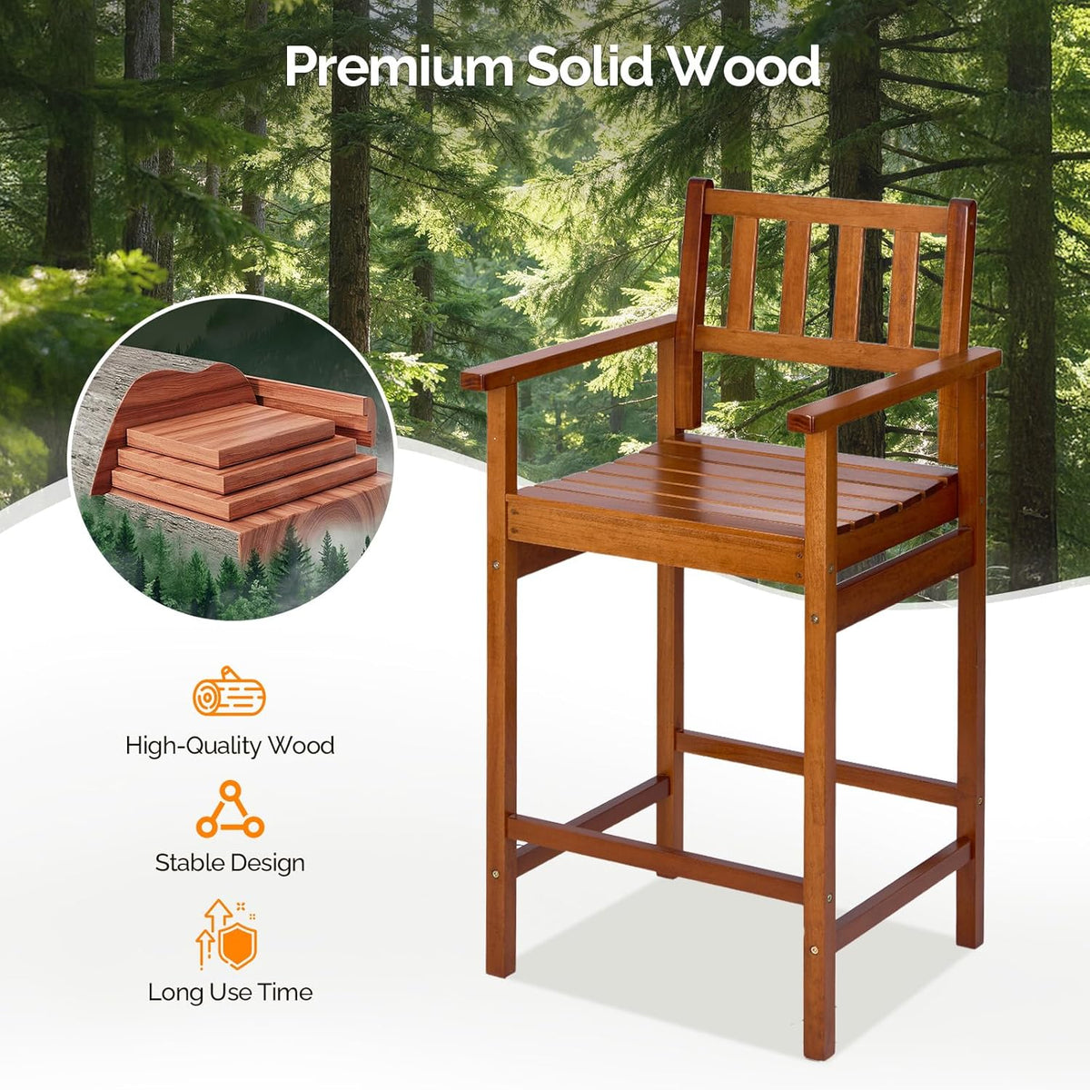 VINGLI Outdoor Bar Stools, Solid Wood Bar Stools Set of 2 Counter Height Bar Chairs for Outdoor Patio Garden Lawn