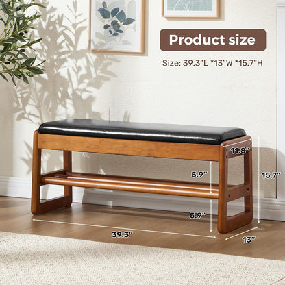 39.3" Shoe Rack Bench,2 Tiers Shoe Bench with Storage,Walnut Storage Bench with Faux Leather Cushion for Entrance Entryway Hallway Walnut PU Black