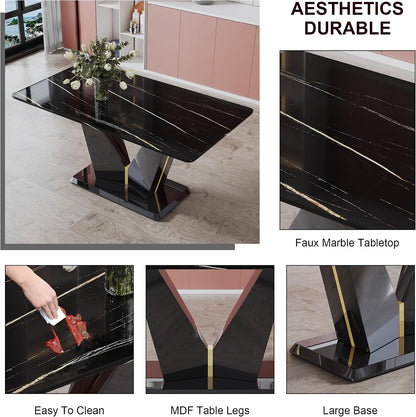7 Pieces Modern Dining Table Set 63" Black Marble Dining Table Set for Rectangle Dining Room Table and 6 Black PU Leather Chairs for Kitchen, Office, Meeting Room, Restaurant