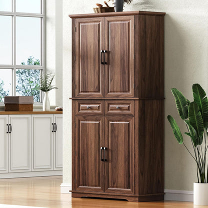 71" Tall Kitchen Pantry Cabinet, Freestanding Storage Cupboard with 3 Pull-Out Organizers, 6 Door Shelves & 2 Drawers, Embossed Texture Finish, for Kitchen Dining Room (Brown 4 doors 2 drawers +MDF)
