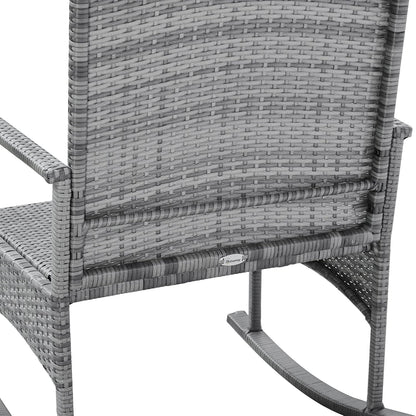 Outsunny 3 Piece Patio Rocking Chair Set, 2 PE Wicker Rocking Chairs, Cushioned, 1 Two-Tier Wood Slat Coffee Table, Rattan Front Porch Furniture, Gray